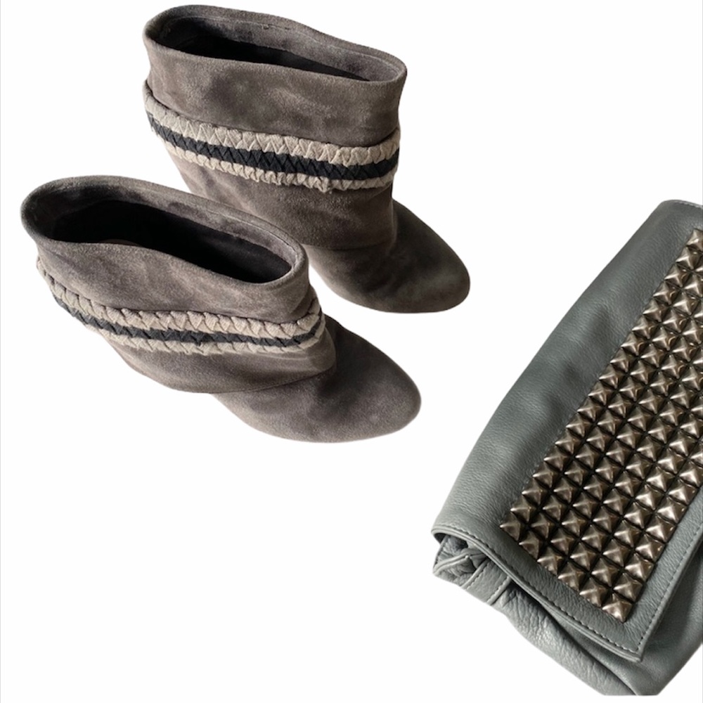 Tracy Reese ᪥ Piper Suede Heeled Ankle Bootie ᪥ Ribbon Detail ᪥ Gunmetal ᪥ 7M - Picture 3 of 10